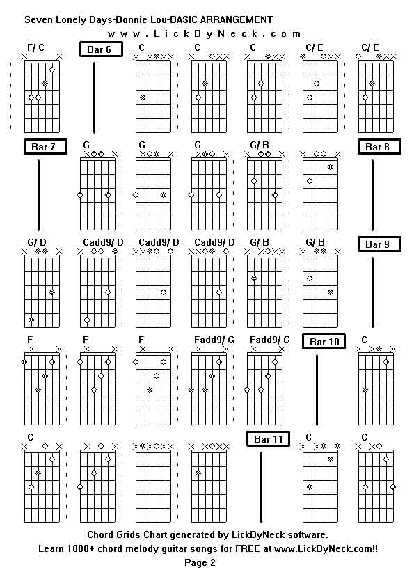 Chord Grids Chart of chord melody fingerstyle guitar song-Seven Lonely Days-Bonnie Lou-BASIC ARRANGEMENT,generated by LickByNeck software.